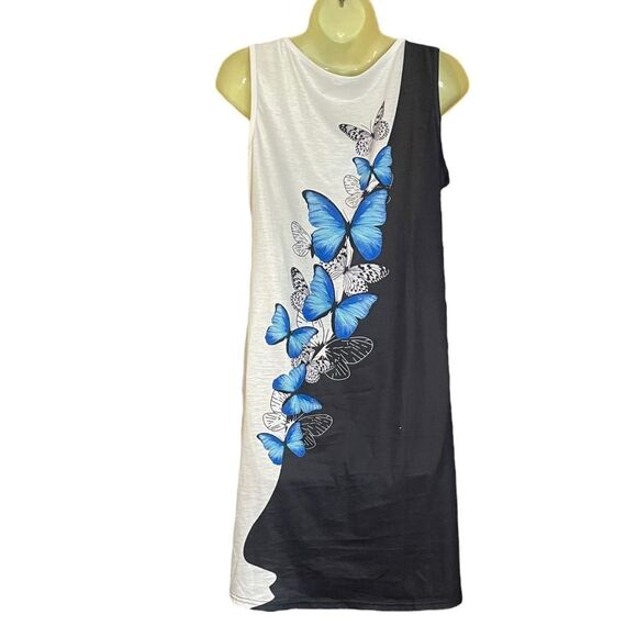 Sleeveless Black White Blue Butterfly Dress Rayon Blend, size Medium - Picture 3 of 13